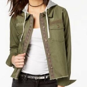 Hippie Rose Olive Hoodie Distressed Boho Jacket Size Medium